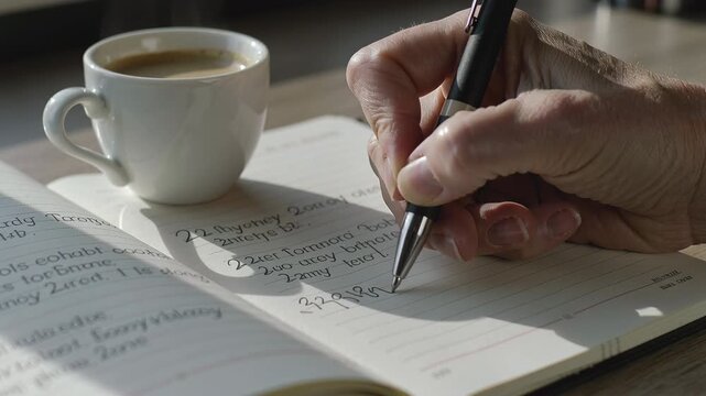 Close-up of a hand writing in a journal with a pen beside a steaming cup of coffee on a wooden table, illuminated by natural sunlight streaming through a window, capturing a serene morning routine