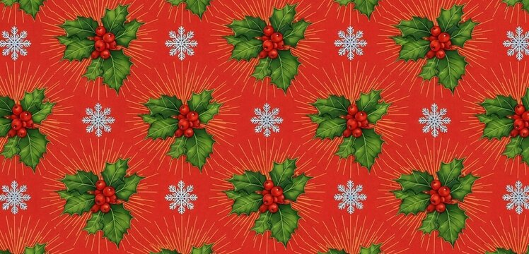 Vibrant christmas pattern with holly and snowflakes on red background - Powered by Adobe