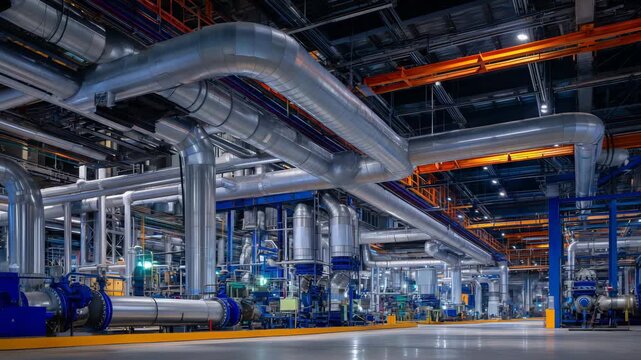 Complex network of metallic pipes and valves in a dimly lit factory interior, illuminated by orange and blue industrial lighting creating a cinematic mood