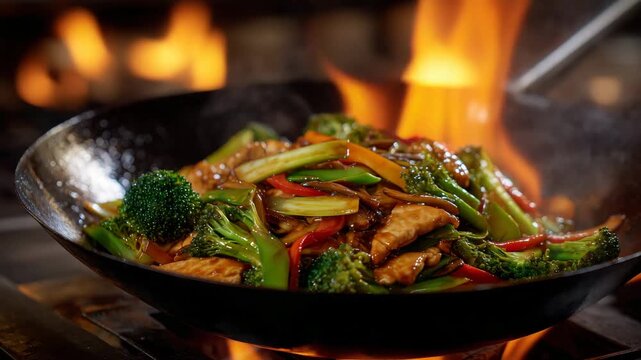 Colorful Asian stir-fry bursting with heat and energy, flames and smoke swirling around a cast-iron wok filled with glistening ingredients