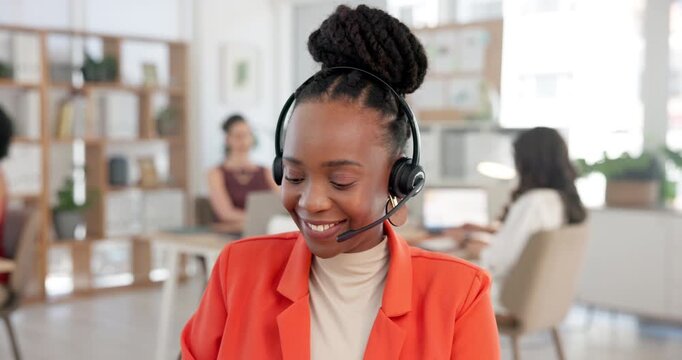 Call center, consultant and woman with headset, talking and typing offer on website or telemarketing. Happy, salesperson and mic for communication with contact, lead generation or sales with computer