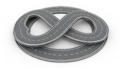 An infinity symbol formed by an asphalt road with white lane markings and guardrails set on a white background