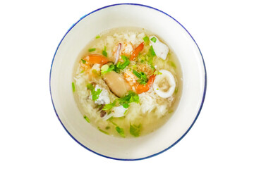 Top view of Shrimp and squid rice porridge, focus selective