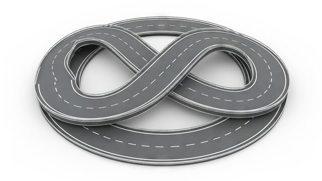 An infinity symbol formed by an asphalt road with white lane markings and guardrails set on a white background