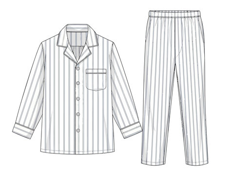 Technical drawing of a striped mens pajama set shirt and trousers