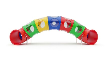 A colorful play tunnel arches on metal stands alternating red green yellow and blue sections with clear plastic windows