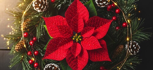 Beautiful christmas wreath with red poinsettia and decorations