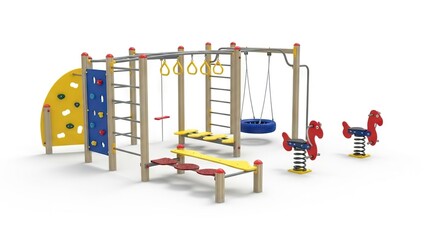A colorful playground with climbing structures monkey bars swings spring riders and platforms