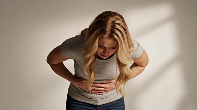 Woman Experiencing Sudden Stomach Pain and Discomfort in Indoor Setting
