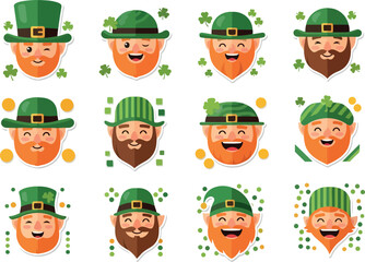 Twelve leprechaun face stickers with different hats  beards decorated with shamrocks coins  squares