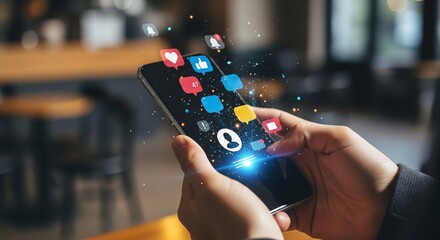 Hand Using Mobile Smartphone with Glowing Social Media Icons and Digital Notification Symbols for Marketing Concept Represents Online Communication and Global Network