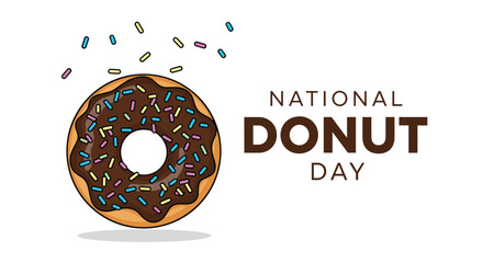 National Donut Day celebration featuring a chocolate glazed donut with colorful sprinkles beside the bold National Donut Day text.