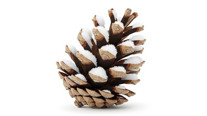 A snowcovered pine cone with brown scales against a white background