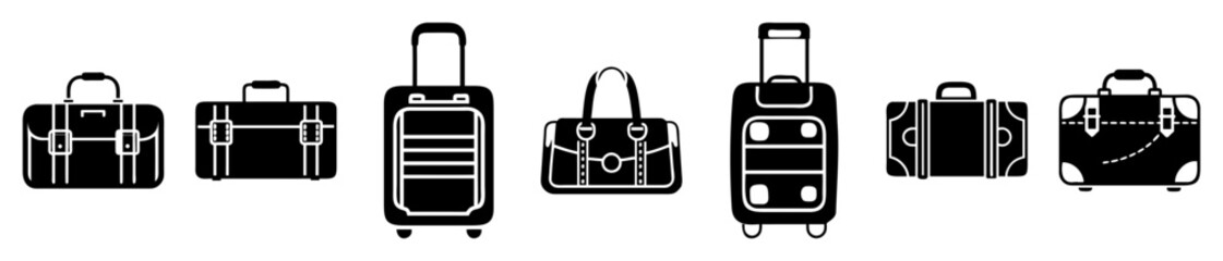 Black and white travel luggage icons set, essential symbols for tourism and vacation.