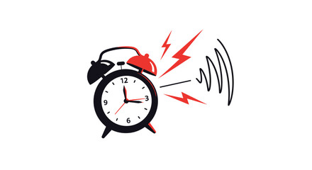 Vintage alarm clock rings loudly as red lightning lines and sound waves shoot outward from its bells to wake up a busy morning.