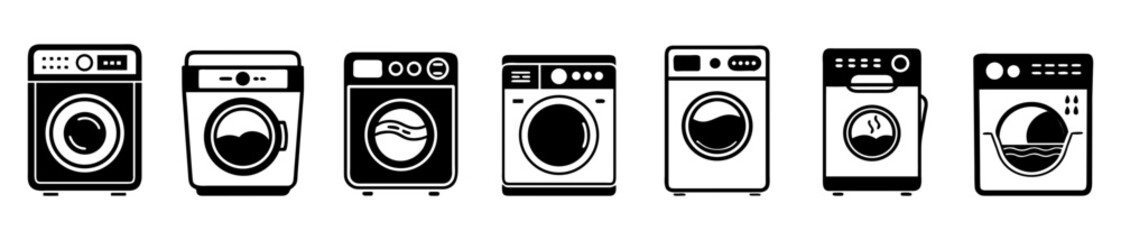 Modern black and white washing machine icons for home appliance interface design.