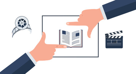 Conceptual image of adapting a novel into a film, with a director's hands making a frame gesture around an open book with a film reel nearby.