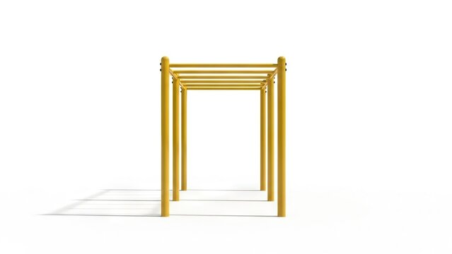 Yellow monkey bars stand on a white surface