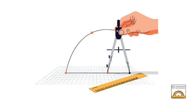 Hand of a designer or student using a drawing compass to draft a geometric shape on grid paper, with a ruler and protractor nearby.
