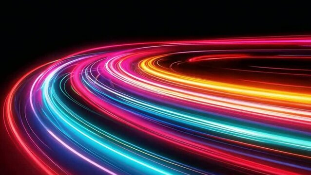 Abstract Light-Trail Art: Luminous Sinuous Spiral Bands on Deep Velvety Black Backdrop&mdash;Lush Crimson-Rose-Amber-Cerulean Gradients, Futuristic Dreamlike Dynamic Elegance