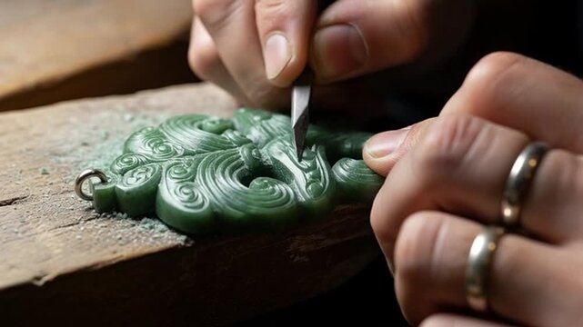 Artisan hand carves intricate green pendant close up.