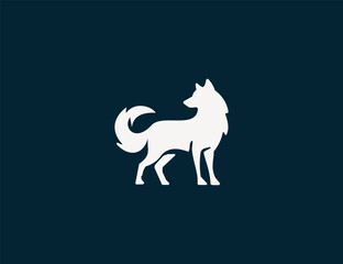Elegant wolf logo standing in side profile, a minimalist graphic design against a dark backdrop.