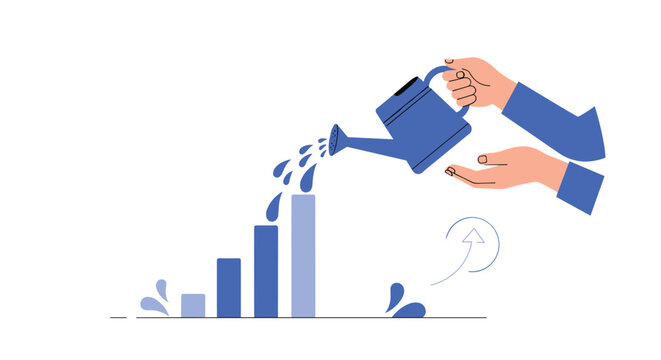 Hands watering a growing bar chart with a watering can, a creative metaphor for nurturing business investment, financial growth, and success.