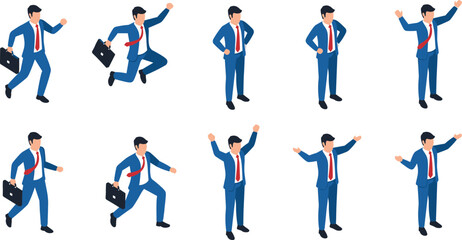 Business poses, walking, jumping, standing, celebrating, briefcase, blue suit, red tie, isometric figure, corporate action, flat vector illustration