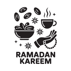 Ramadan kareem illustration with dates coffee prayer beads and a welcoming hand