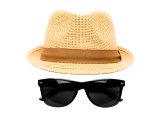 A straw fedora hat and black sunglasses on a transparent background