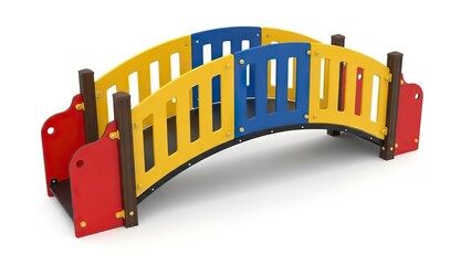 A vibrant childrens arched bridge featuring red yellow and blue panels