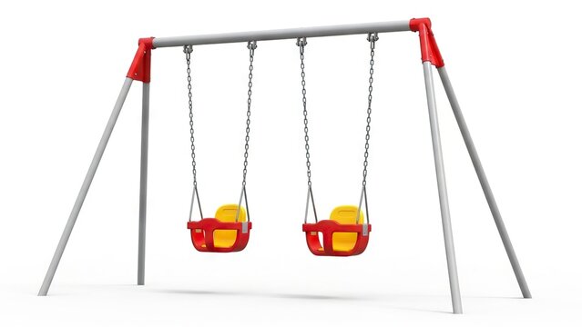 A twoseat swing set with gray supports red joints chains and redyellow baby seats