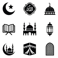 Obraz premium set of Islamic icons vector image collection including mosque architecture, crescent moon, lanterns, prayer hands, Quran, and faith symbols ideal for religious, cultural, and educational designs.