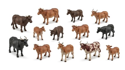 Toy cows of varying colors and sizes stand on a white surface
