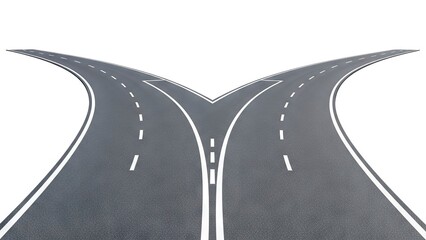 Gray asphalt road forks into two curved paths marked with dashed white lines