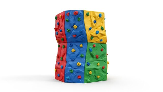 Climbing wall multicolored blockshaped structure varied handholds on red blue yellow and green panels isolated on white
