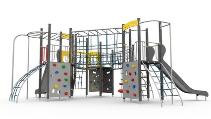 A playground structure with climbing walls rope bridges monkey bars and a slide set against a stark white background