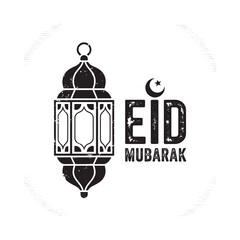 A black and white eid mubarak design featuring a lantern and crescent moon
