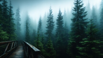 A hauntingly beautiful wooden walkway winds through a misty forest, with tall pine trees enveloped in fog, evoking a sense of mystery and enchanting nature's tranquility.