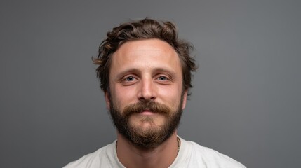 Obraz premium Young man with a scraggly beard and mustache looking directly at the camera. Posing with a neutral yet approachable expression in a studio headshot against a gray background