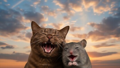 A humorous image of a cat and a rat laughing together against a colorful sky background.