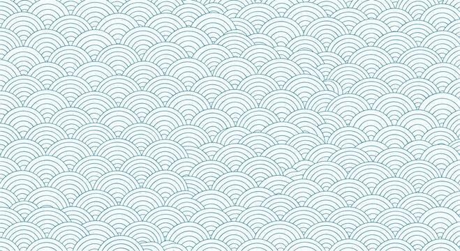 Seigaiha wave pattern fills the background with soft blue arches creating a calm decorative texture reminiscent of traditional ocean inspired design.