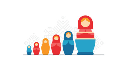 Row of traditional Russian matryoshka nesting dolls lined up in order of size from smallest to largest, showcasing folk art and culture.