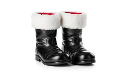 Santas black boots with white fur trim and red interior lining set against a white background