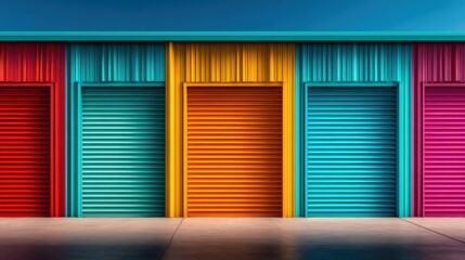 A striking array of colorful storage units in vibrant shades of red, blue, orange, green, and pink, reflecting urban aesthetics and contemporary design in a storage facility.