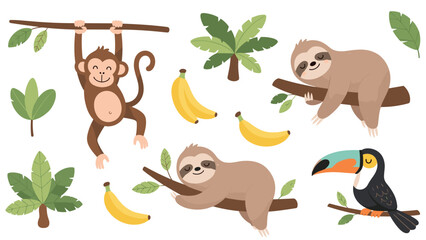Obraz premium Tropical jungle animal and plant collection with a monkey, sloths, a toucan, bananas, and various leaves for safari-themed designs.