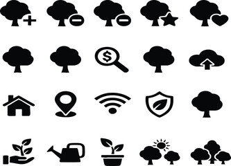 Tree icons set, forest and nature silhouettes, park and garden landscaping symbols.