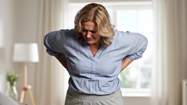 Woman Clutching Stomach in Discomfort During Indoor Scene Demonstrating Abdominal Pain or