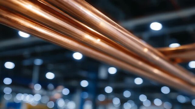 High-resolution image of gleaming copper tubes bundled together, reflecting light from ceiling fixtures, captured with shallow depth of field and cinematic focus