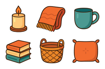 Cozy home elements - candle, blanket, mug, books, basket, pillow illustration